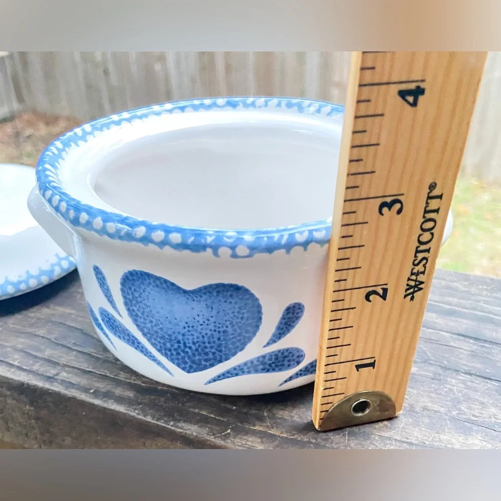 Blue and White Heart Design Ceramic Pot with Lid. Vintage Bowl Candy Dish
